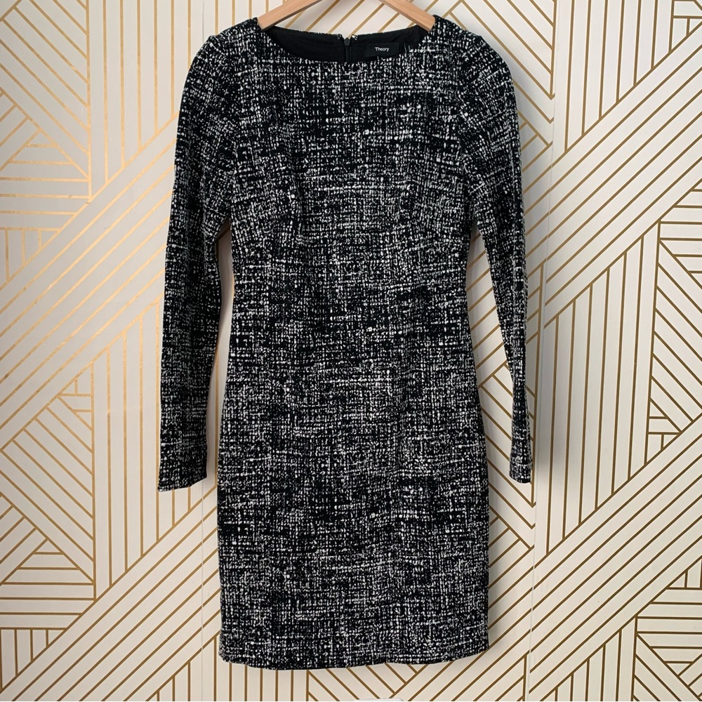 Theory knit abstract sheath split sleeve dress scoop neck black & white 2